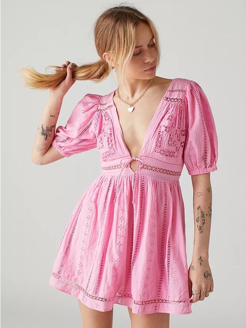 Urban Outfitters Pink Eyelet Tie-Front Mini Dress